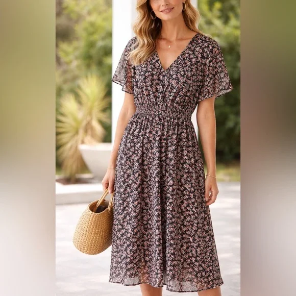 Floral V-Neck Midi Dress in Black and Pink - Picture 2 of 9